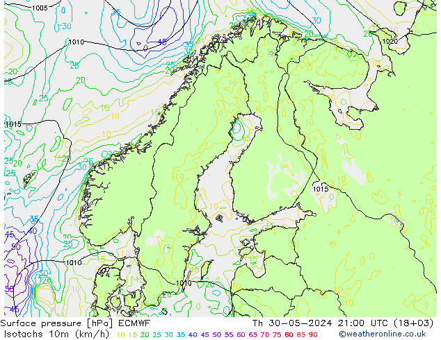 Isotachs (kph) ECMWF Qui 30.05.2024 21 UTC