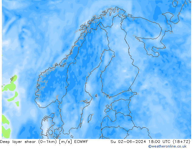 Deep layer shear (0-1km) ECMWF dom 02.06.2024 18 UTC