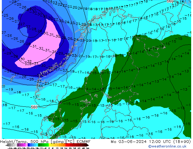 Hoogte/Temp. 500 hPa ECMWF ma 03.06.2024 12 UTC