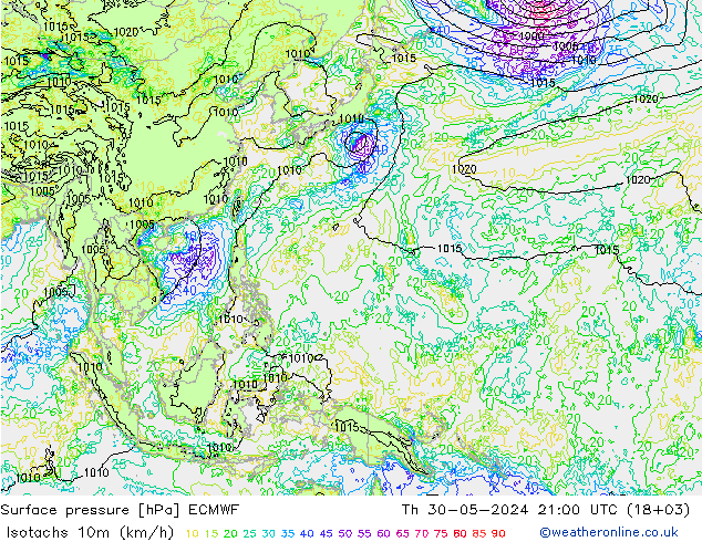 Isotachs (kph) ECMWF gio 30.05.2024 21 UTC