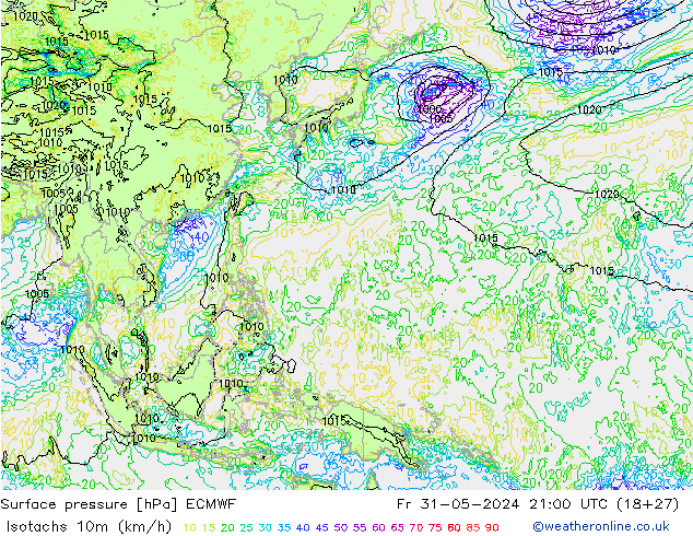 Isotachs (kph) ECMWF Pá 31.05.2024 21 UTC