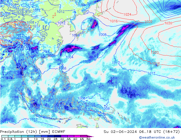 Precipitation (12h) ECMWF Su 02.06.2024 18 UTC