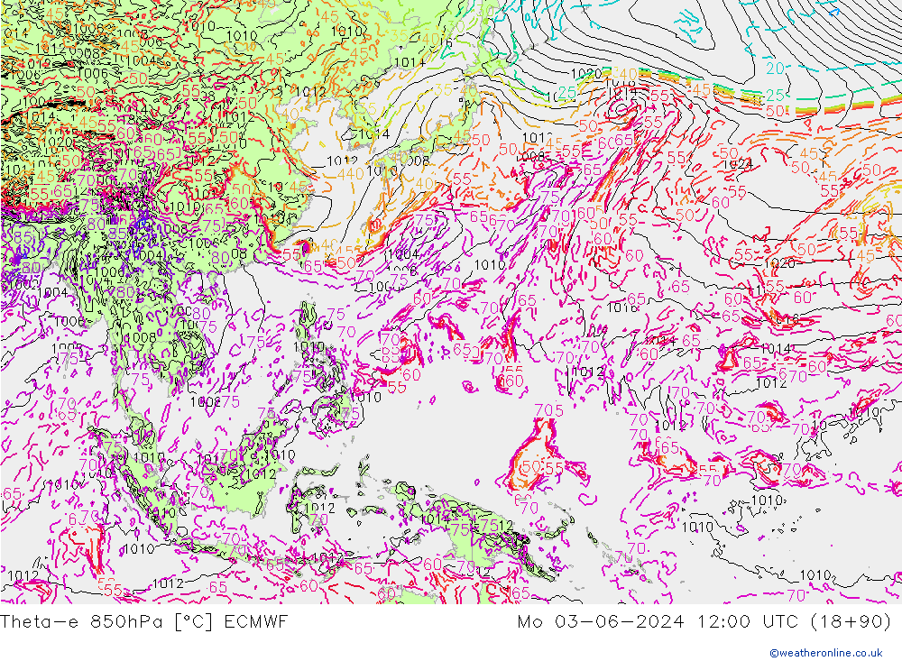 Theta-e 850hPa ECMWF Po 03.06.2024 12 UTC