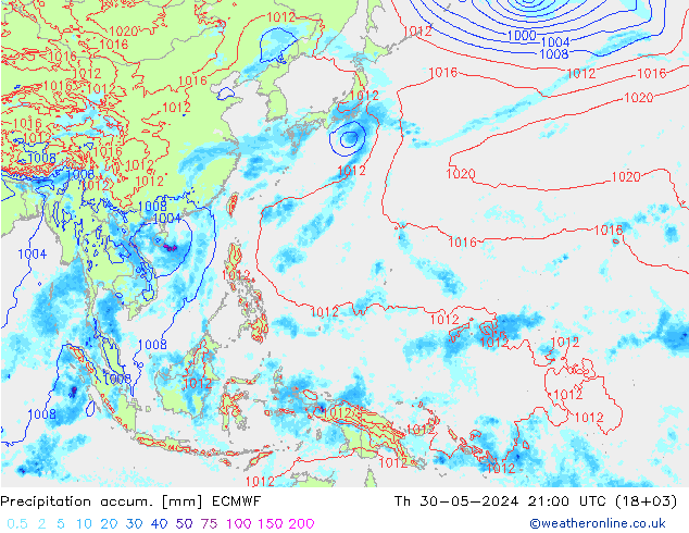 Precipitation accum. ECMWF Th 30.05.2024 21 UTC