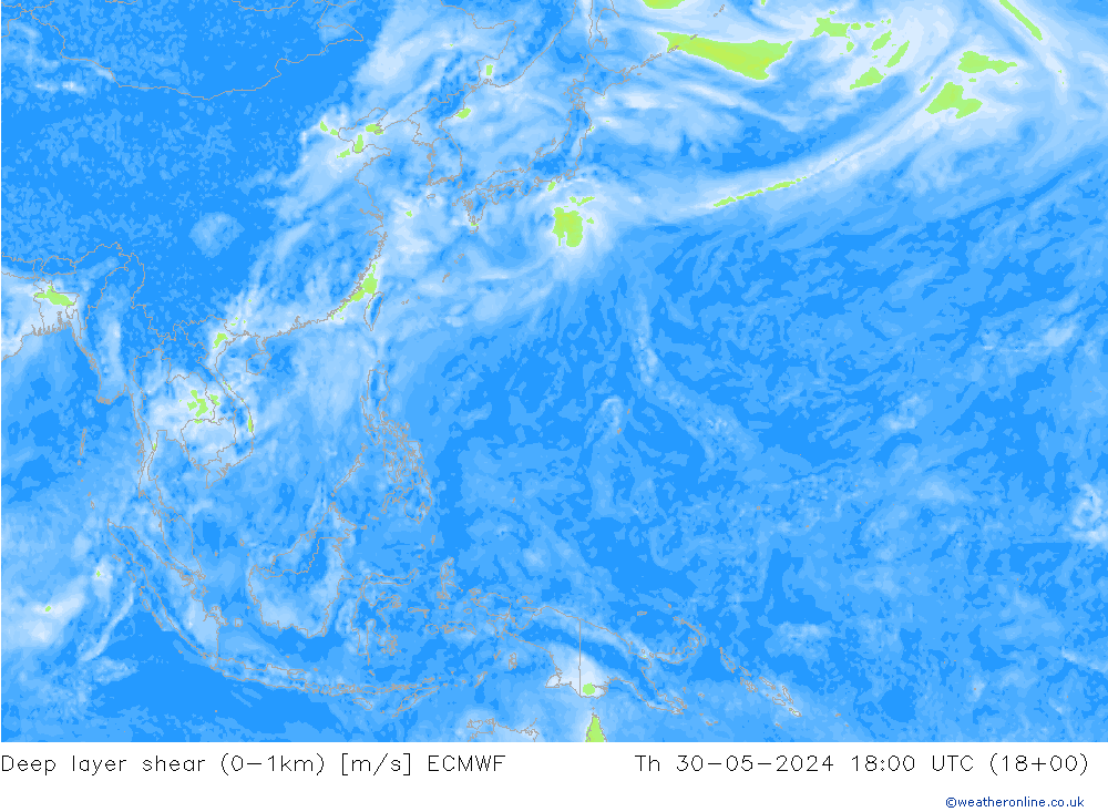 Deep layer shear (0-1km) ECMWF czw. 30.05.2024 18 UTC