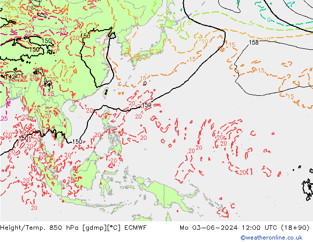 Height/Temp. 850 hPa ECMWF lun 03.06.2024 12 UTC