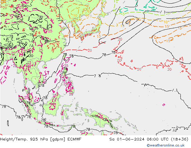 Height/Temp. 925 hPa ECMWF Sa 01.06.2024 06 UTC