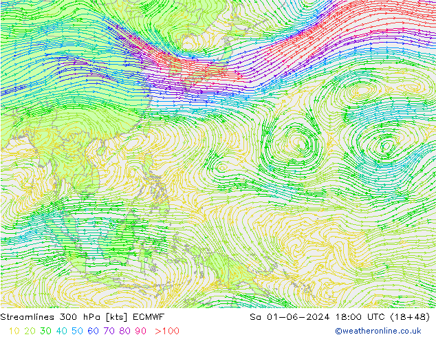 Ligne de courant 300 hPa ECMWF sam 01.06.2024 18 UTC