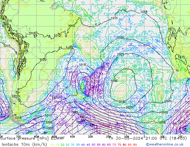 Isotaca (kph) ECMWF jue 30.05.2024 21 UTC