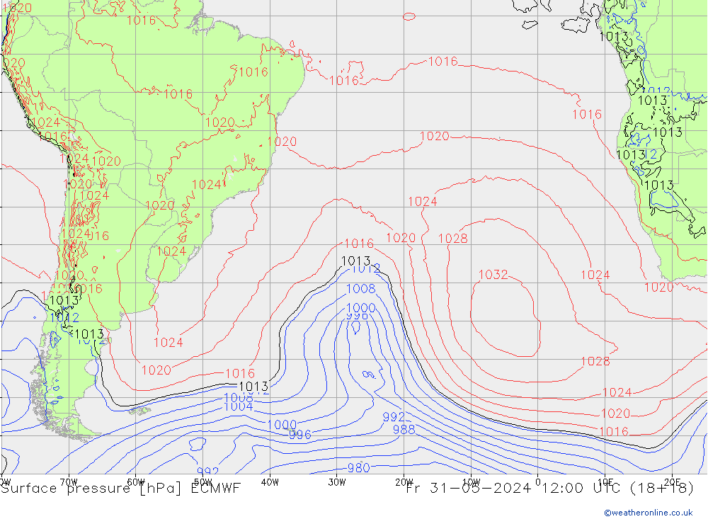 Presión superficial ECMWF vie 31.05.2024 12 UTC