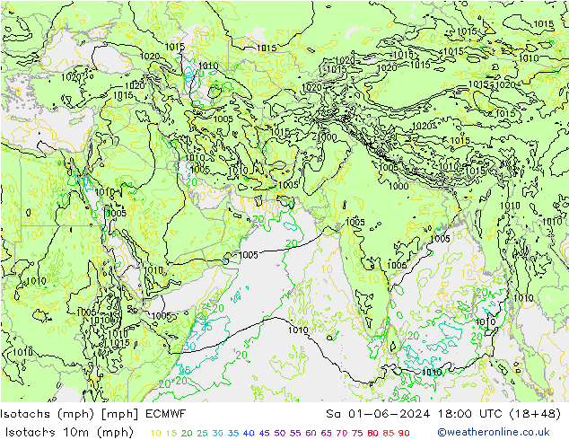 Isotachs (mph) ECMWF sab 01.06.2024 18 UTC