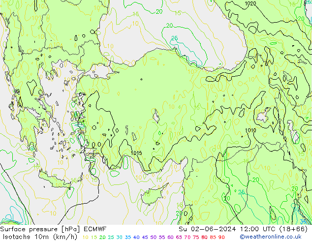 Isotachs (kph) ECMWF dom 02.06.2024 12 UTC