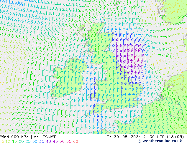 wiatr 900 hPa ECMWF czw. 30.05.2024 21 UTC