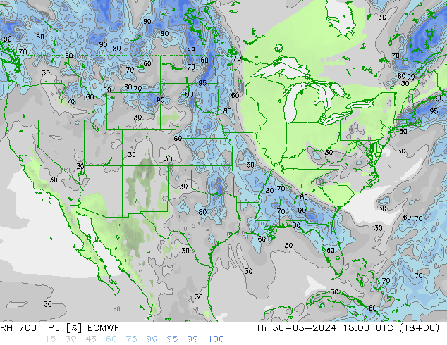 RH 700 hPa ECMWF Th 30.05.2024 18 UTC