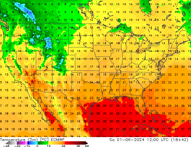 Temperature (2m) ECMWF Sa 01.06.2024 12 UTC