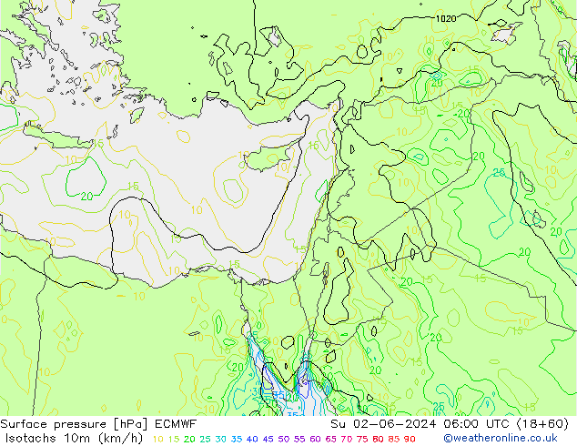 Isotachs (kph) ECMWF Вс 02.06.2024 06 UTC