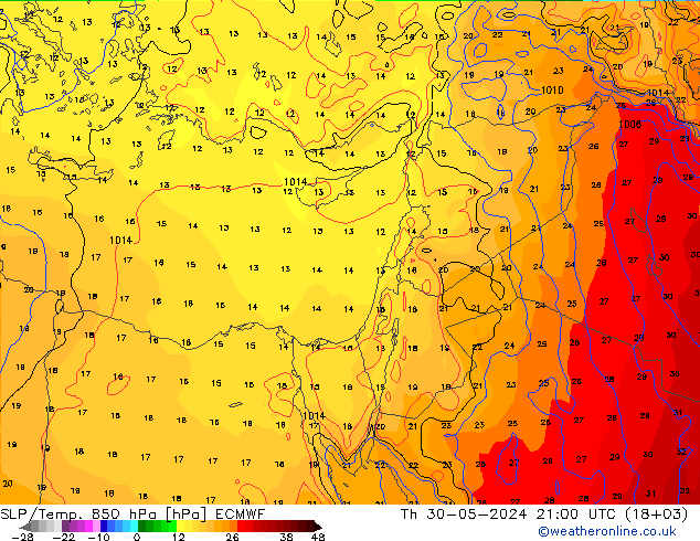 SLP/Temp. 850 hPa ECMWF Th 30.05.2024 21 UTC