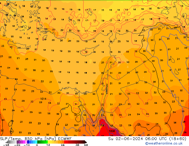 SLP/Temp. 850 hPa ECMWF nie. 02.06.2024 06 UTC