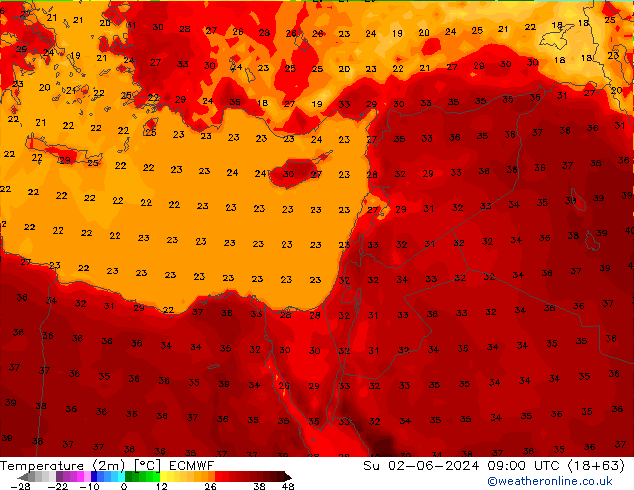 mapa temperatury (2m) ECMWF nie. 02.06.2024 09 UTC