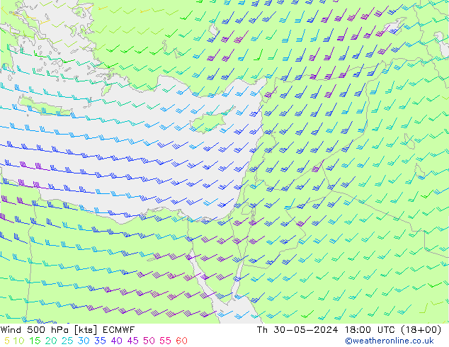 Wind 500 hPa ECMWF Čt 30.05.2024 18 UTC