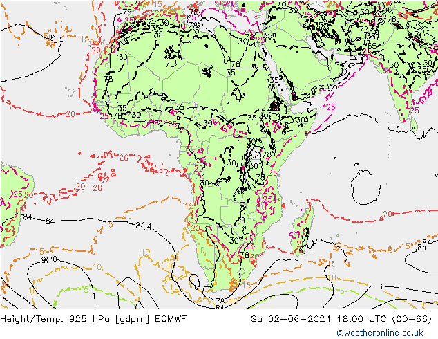 Yükseklik/Sıc. 925 hPa ECMWF Paz 02.06.2024 18 UTC