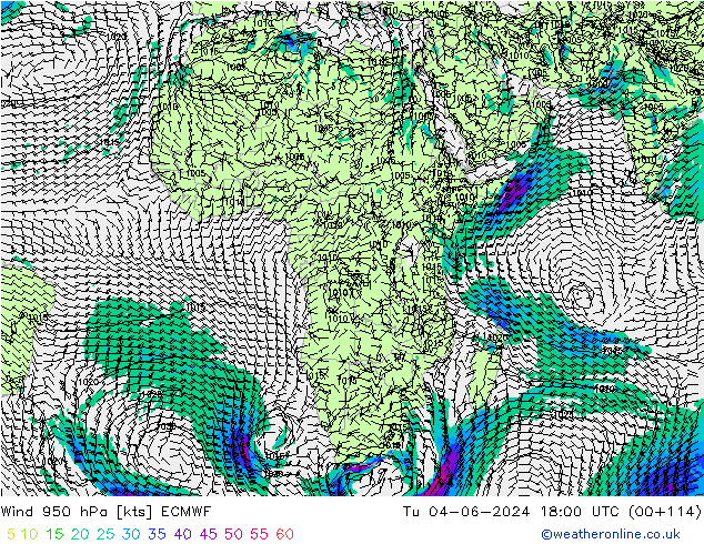 Wind 950 hPa ECMWF Tu 04.06.2024 18 UTC