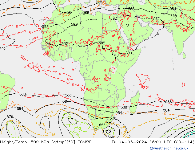 Height/Temp. 500 hPa ECMWF Tu 04.06.2024 18 UTC