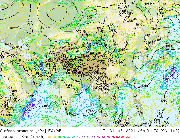 Isotachs (kph) ECMWF Tu 04.06.2024 06 UTC