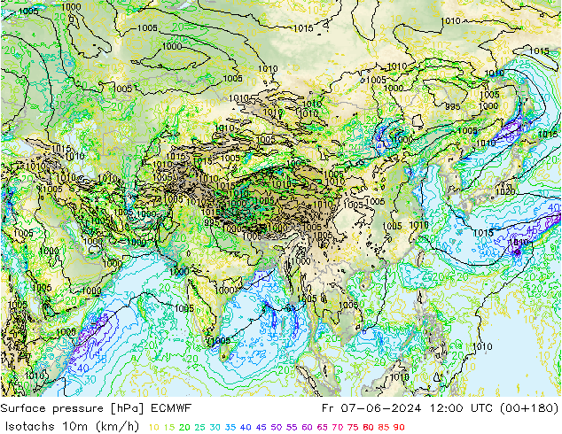 Isotachs (kph) ECMWF ven 07.06.2024 12 UTC