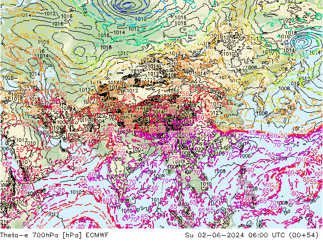 Theta-e 700hPa ECMWF zo 02.06.2024 06 UTC