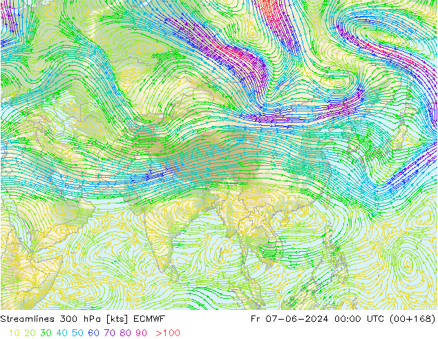 Stroomlijn 300 hPa ECMWF vr 07.06.2024 00 UTC