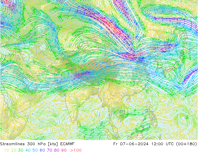 Ligne de courant 300 hPa ECMWF ven 07.06.2024 12 UTC