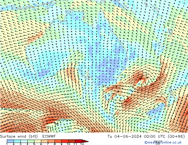 Surface wind (bft) ECMWF Út 04.06.2024 00 UTC