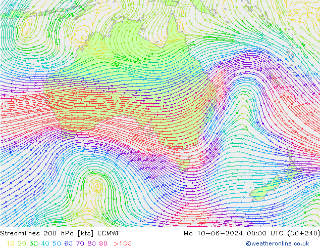 Streamlines 200 hPa ECMWF Mo 10.06.2024 00 UTC