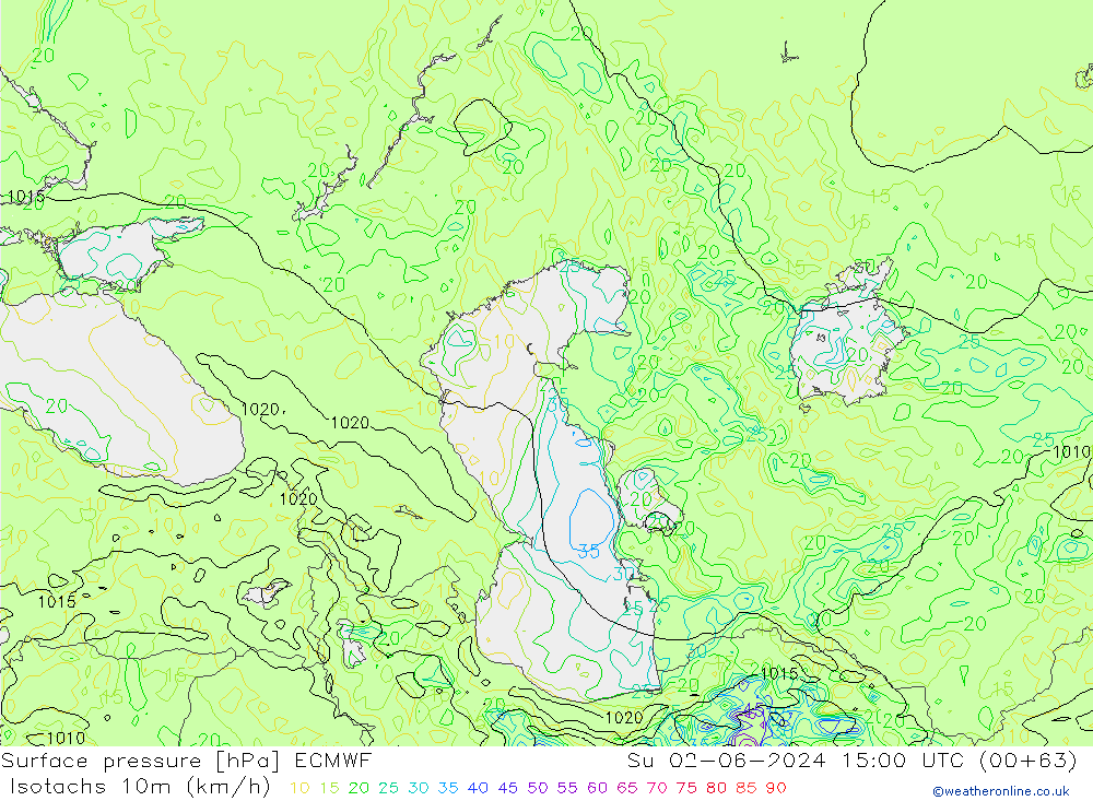 Isotachs (kph) ECMWF Su 02.06.2024 15 UTC