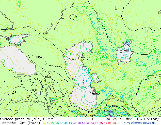 Isotachen (km/h) ECMWF zo 02.06.2024 18 UTC