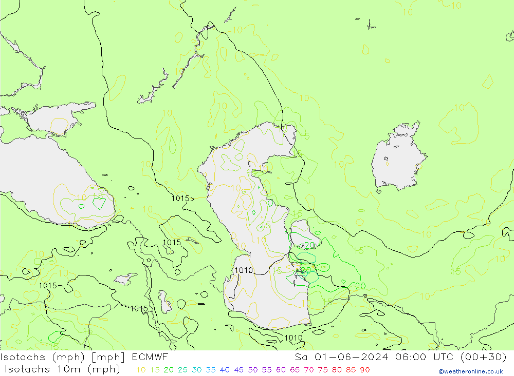 Isotachs (mph) ECMWF сб 01.06.2024 06 UTC