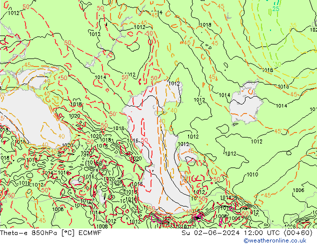 Theta-e 850гПа ECMWF Вс 02.06.2024 12 UTC