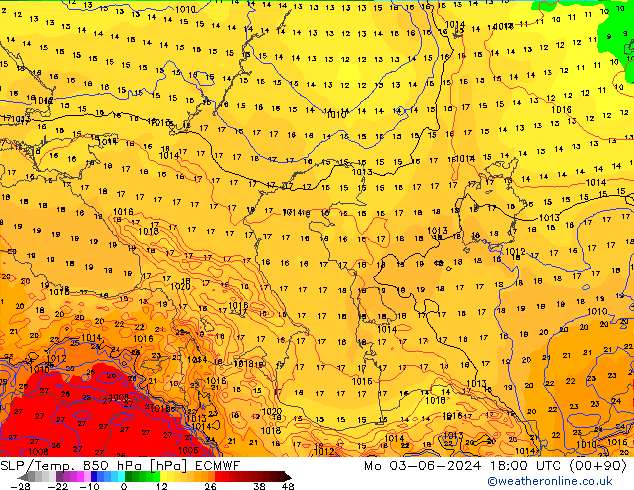 SLP/Temp. 850 гПа ECMWF пн 03.06.2024 18 UTC