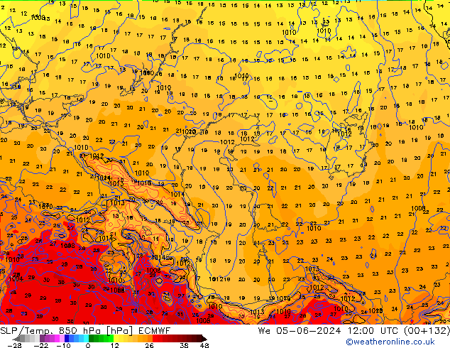 850 hPa Yer Bas./Sıc ECMWF Çar 05.06.2024 12 UTC