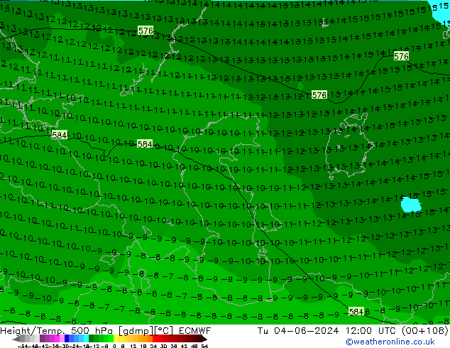 Height/Temp. 500 hPa ECMWF Tu 04.06.2024 12 UTC