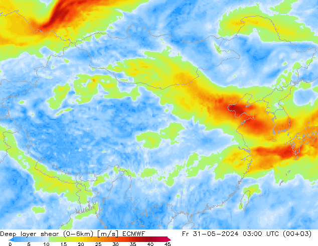 Deep layer shear (0-6km) ECMWF Pá 31.05.2024 03 UTC