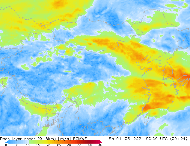 Deep layer shear (0-6km) ECMWF Sa 01.06.2024 00 UTC