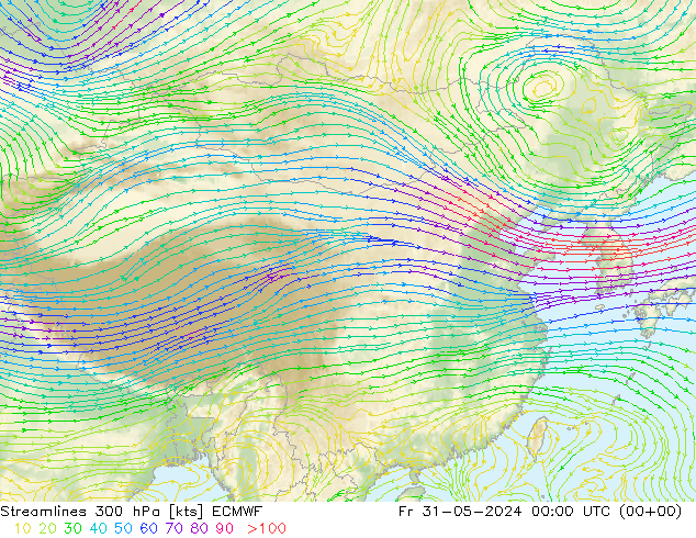 Stroomlijn 300 hPa ECMWF vr 31.05.2024 00 UTC