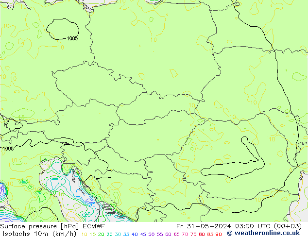 Isotachs (kph) ECMWF Pá 31.05.2024 03 UTC