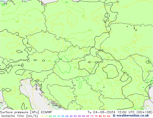 Isotachs (kph) ECMWF Út 04.06.2024 12 UTC