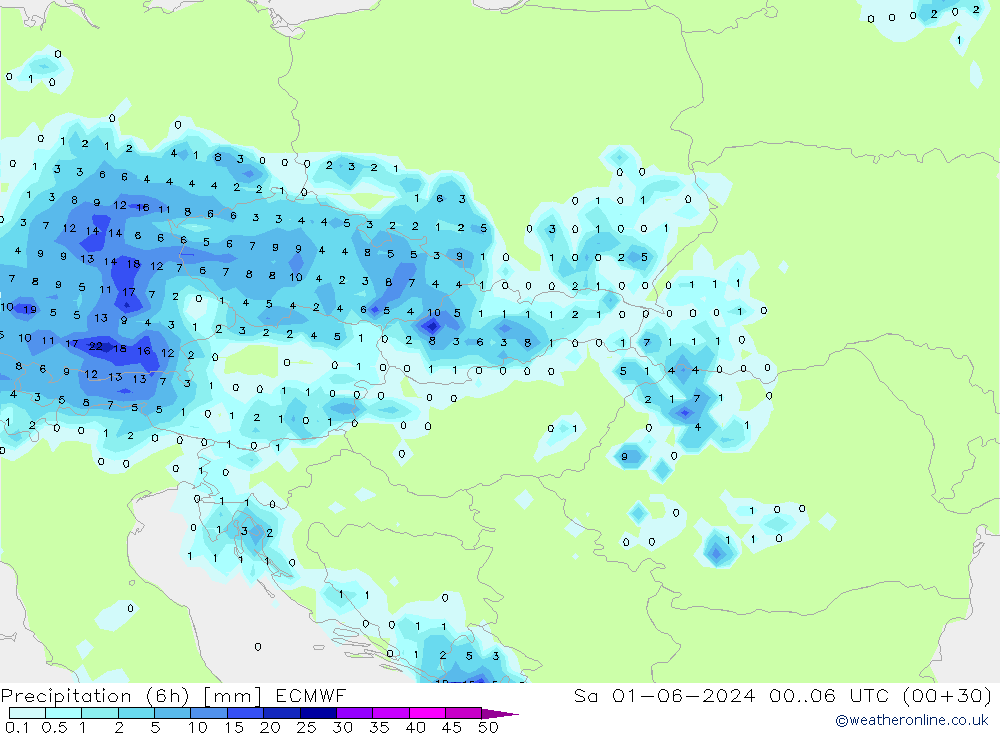 Precipitation (6h) ECMWF So 01.06.2024 06 UTC