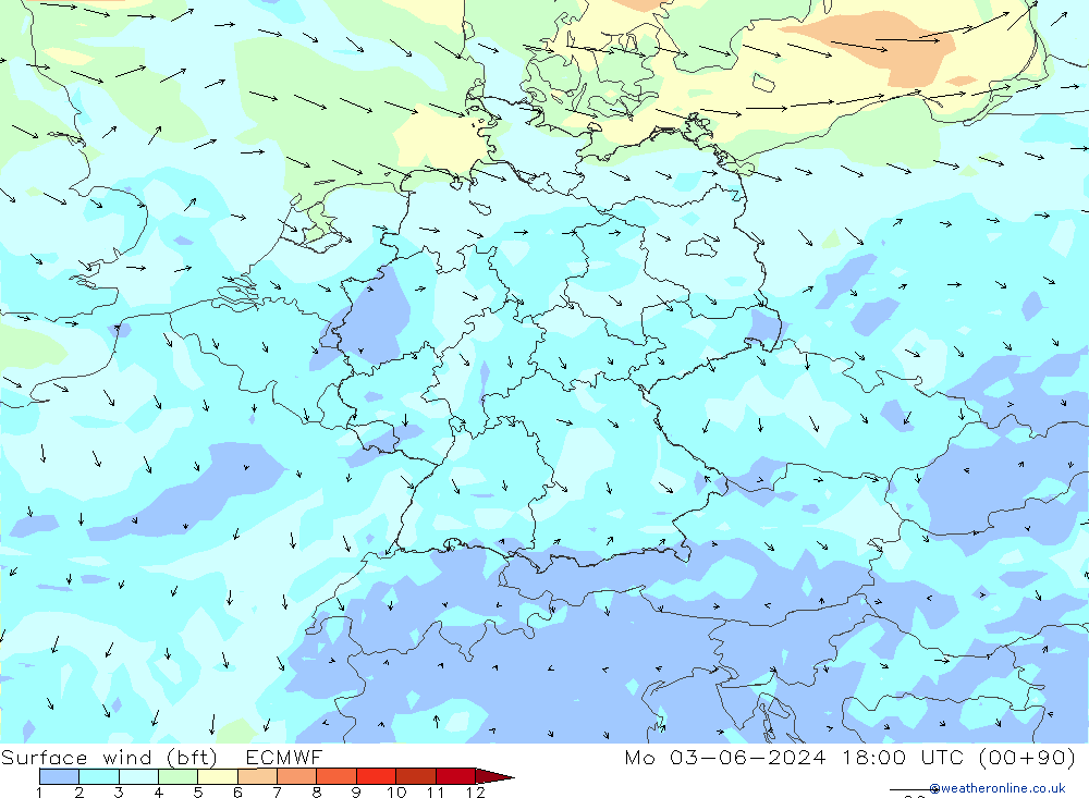 Rüzgar 10 m (bft) ECMWF Pzt 03.06.2024 18 UTC