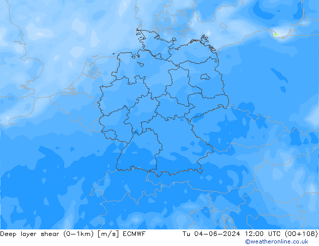 Deep layer shear (0-1km) ECMWF Ter 04.06.2024 12 UTC