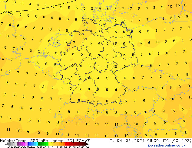 Height/Temp. 850 hPa ECMWF Di 04.06.2024 06 UTC